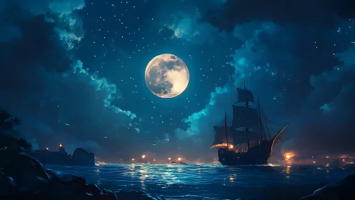 Moonlit galleon crosses glowing sea under stormy sky.