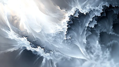 Fractal storm clouds swirling through abstract frozen sky.