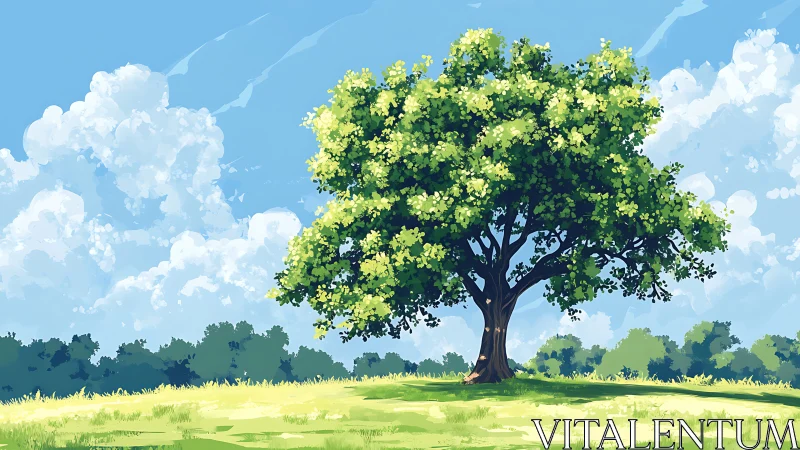 Lush Green Tree on Sunny Meadow in Vibrant Digital Art Style.