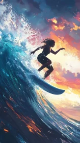 Dynamic digital surf portrait against incandescent sunset sky