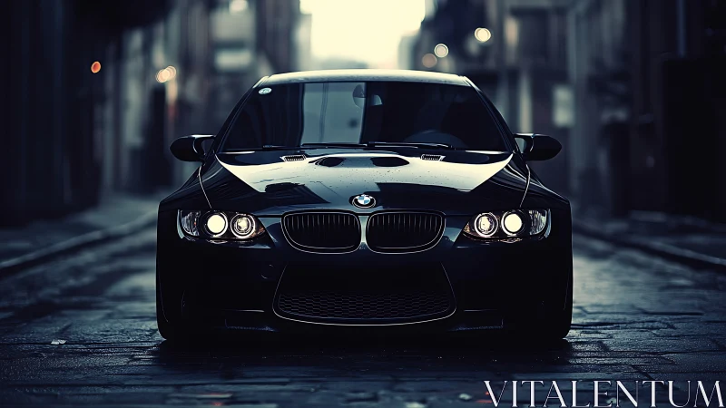 Black BMW sports sedan parked on wet city street at dusk.