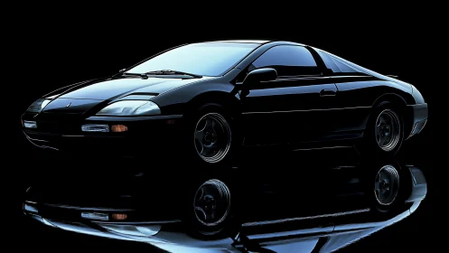 Midnight coupe poised on glassy reflections of speed.
