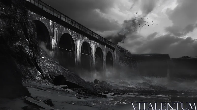Storm-worn coastal bridge wrapped in haunting sea mist.