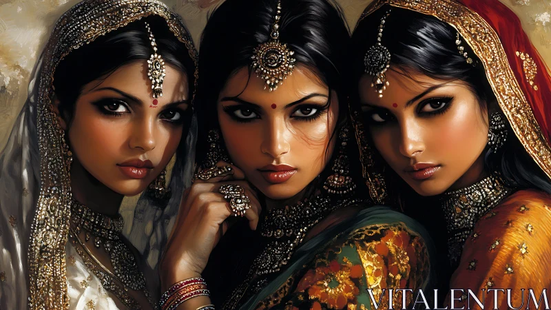 Three women in ornate traditional attire, vibrant portrait style.