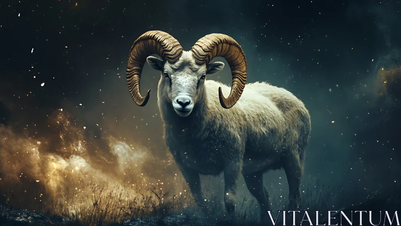 Cinematic bighorn ram in atmospheric backlit nightscape