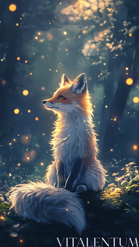 Fox sits in soft forest lighting surrounded by glowing orbs