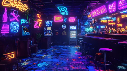 Neon soaked cyberpunk bar glows with electric late night energy