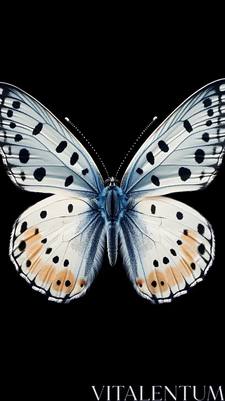 Blue spotted butterfly with symmetrical open wings on black.