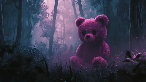 Oversized magenta teddy bear rendered in moody volumetric forest