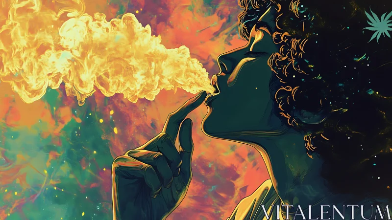 Profile figure exhaling smoke into abstract colorful space.