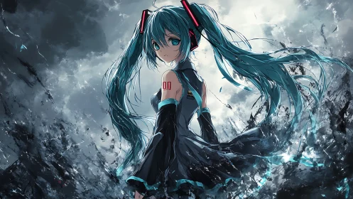 Stormlit cyber songstress standing in swirling energy.