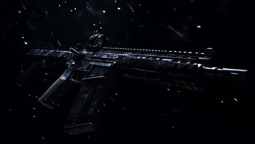 Tactical rifle emerges from darkness in cinematic cold light