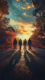 Sunset walk with friends along a glowing forest road.
