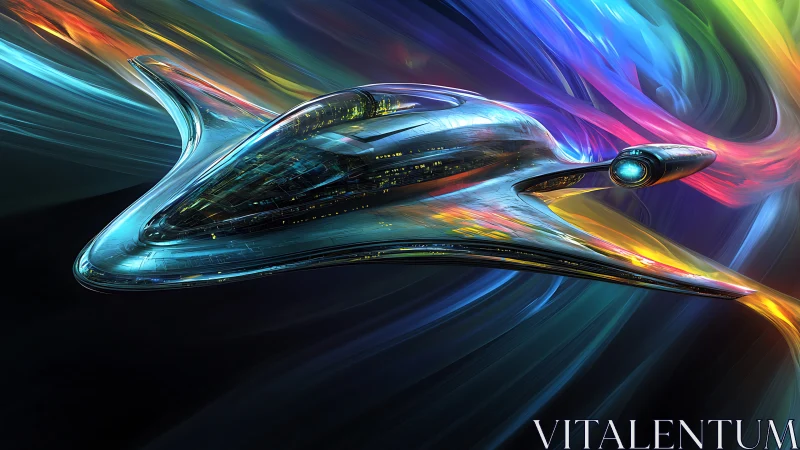 Futuristic chrome starship streaking through neon warp tunnel.