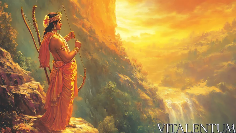 Warrior prince overlooking radiant mythic canyon sunrise.