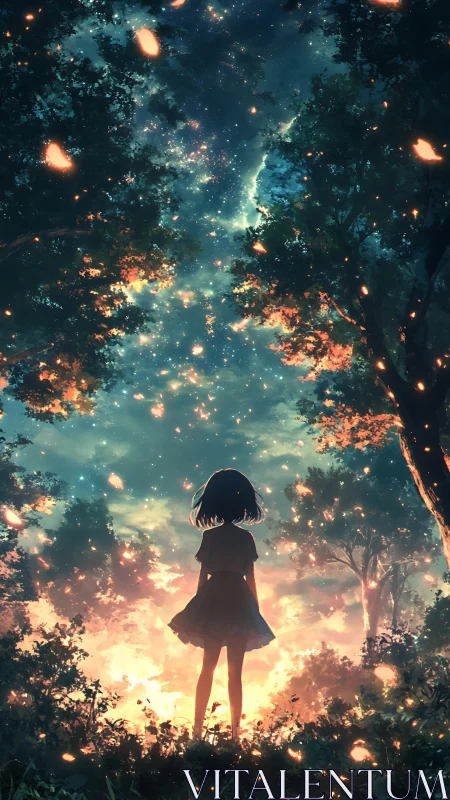 Silhouetted girl under luminous starfield sky in forest glade