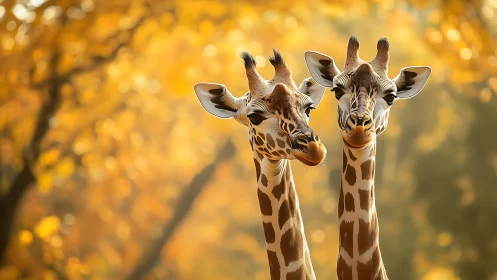 Playful giraffe friends sharing a golden autumn moment.