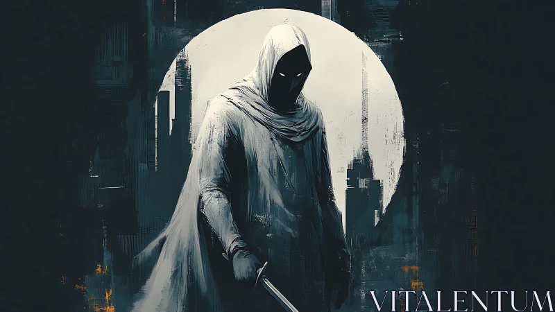 Hooded figure with sword before circular urban backdrop.