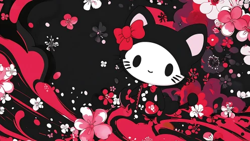 Chibi black cat character amid stylized red and white blossoms