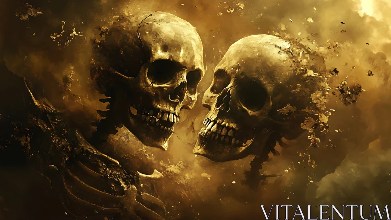 Twin skeletal visages drift through swirling golden dust.