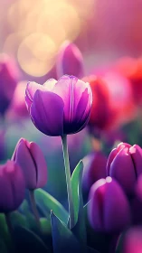 Purple Tulips Illuminated: Soft Focus Botanical Study with Warm Bokeh.