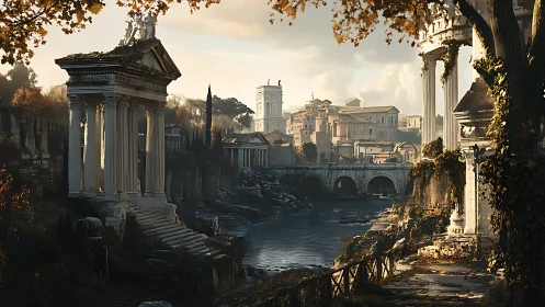 Riverside classical ruins are depicted in soft evening light