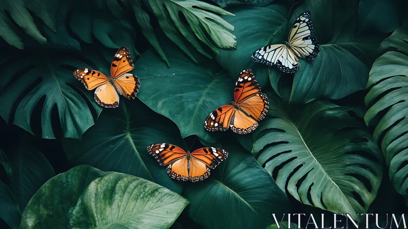 Monarch butterflies rest on deep green monstera foliage