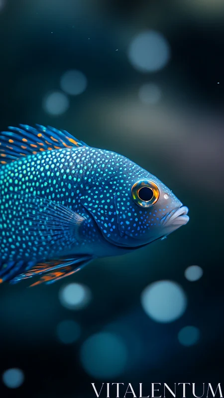 Iridescent blue reef fish in bokeh-lit deep aquatic scene.