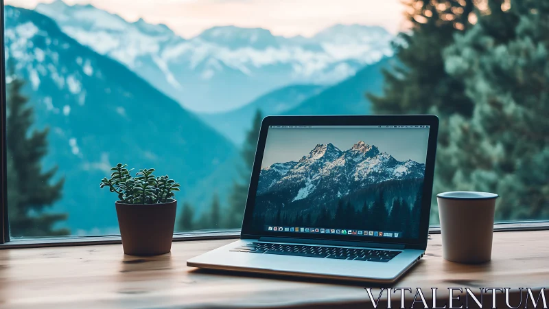 Mountain workspace blends nature views with modern tech.