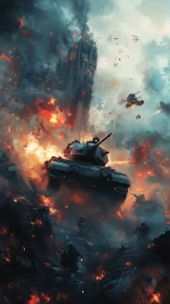 Armored vehicle in dense smoke and aerial combat zone.