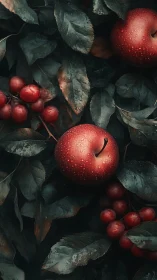 Red apples and grapes lie on dark wet leaves in close view