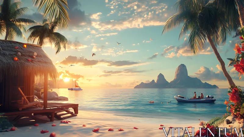 Tropical Lagoon Sunset: CGI Render Beach Scene with Limestone Formations