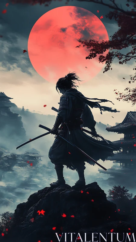 Lone samurai overlooks misty valley under vast red moon