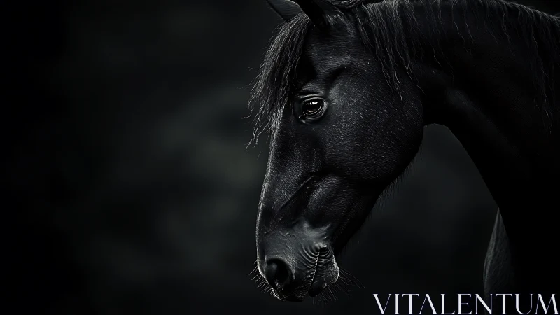 Side profile portrait of black horse on dark background.