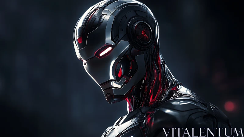 Futuristic black and silver combat android in dark studio