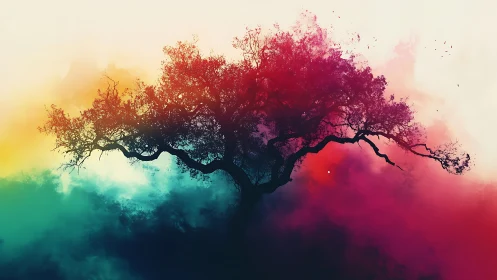 Silhouetted tree canopy against multicolor atmospheric gradient