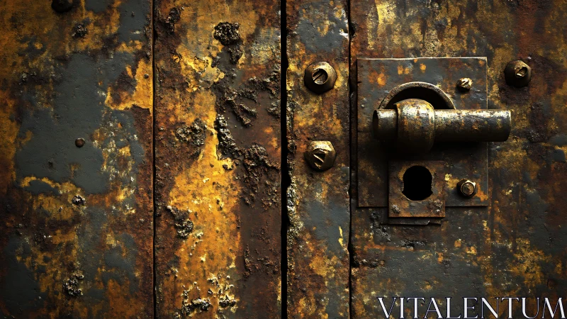 Weathered rusty door lock with rich golden patina details.