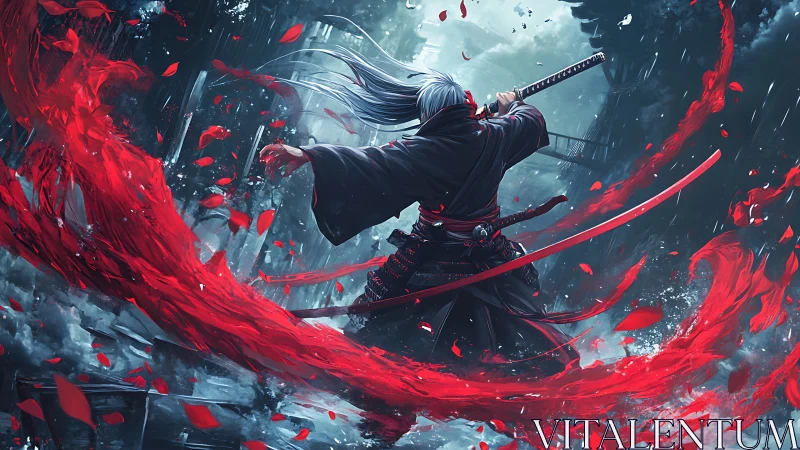 Lone warrior dances in swirling crimson storm of petals.