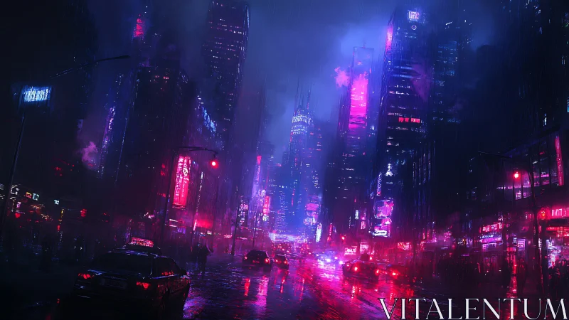 Rain soaked cyberpunk city street with neon traffic at night.