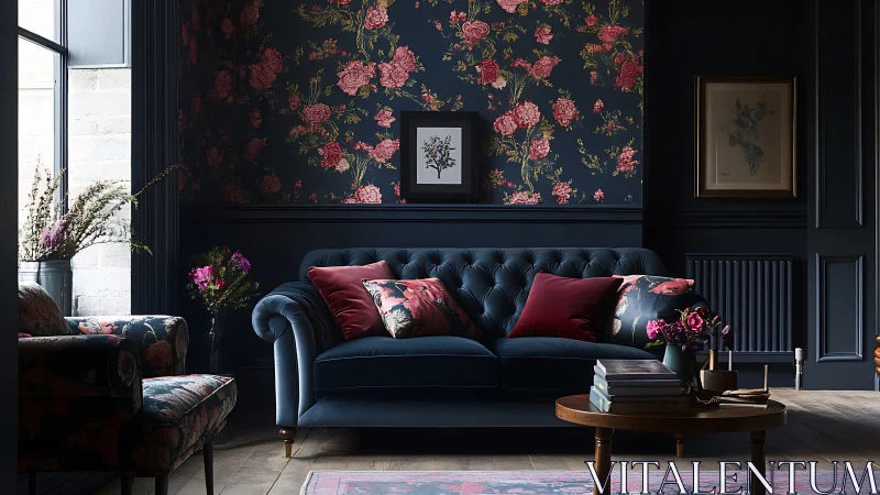 Dark floral living room with blue sofa and bold wallpaper.
