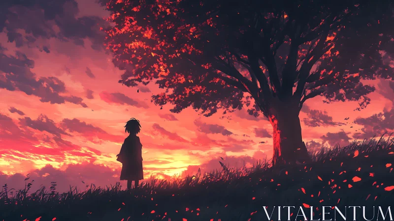 Silhouetted figure beside large tree under red sunset sky.