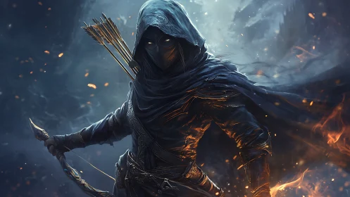 Hooded shadow archer emerges from swirling embers and mist.