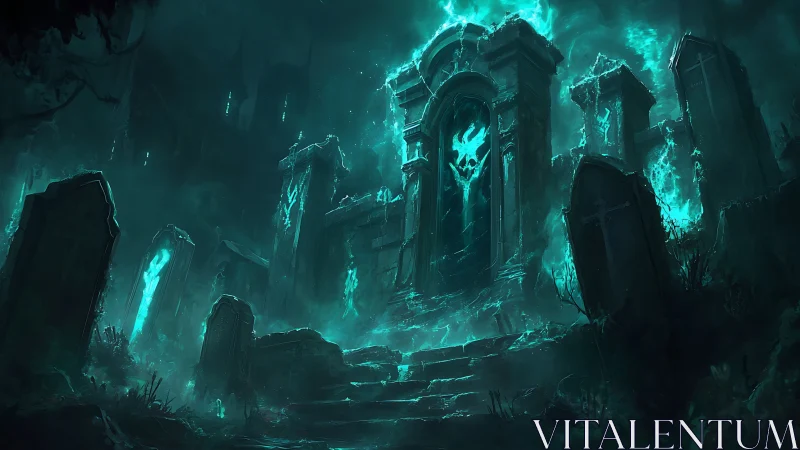 Ghostfire gateway breathes teal curses into the graveyard night
