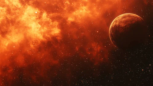 Burnished ember planet drifts beside a roaring orange nebula