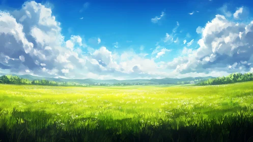 Wide-angle grassland panorama under cumuliform cloud layers