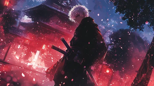 White haired swordsman stands before temple in red night glow