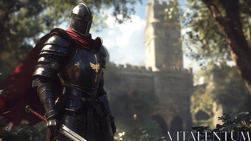Armored knight guarding sunlit castle courtyard scene.