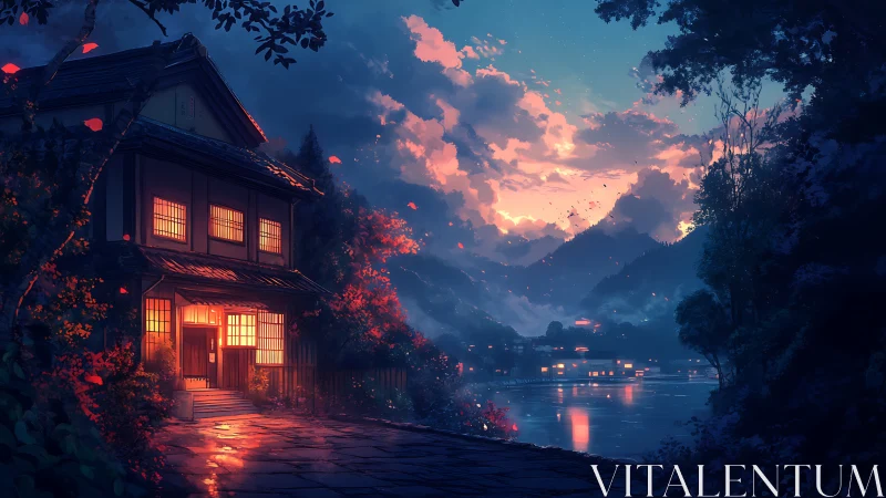 Cozy riverside inn glowing beneath a dreamy evening sky.