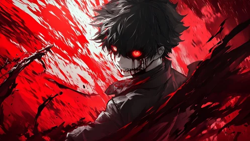 Monochrome figure with glowing eyes in red abstract field.