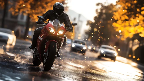 Rain-slicked city rider cuts through molten autumn light.